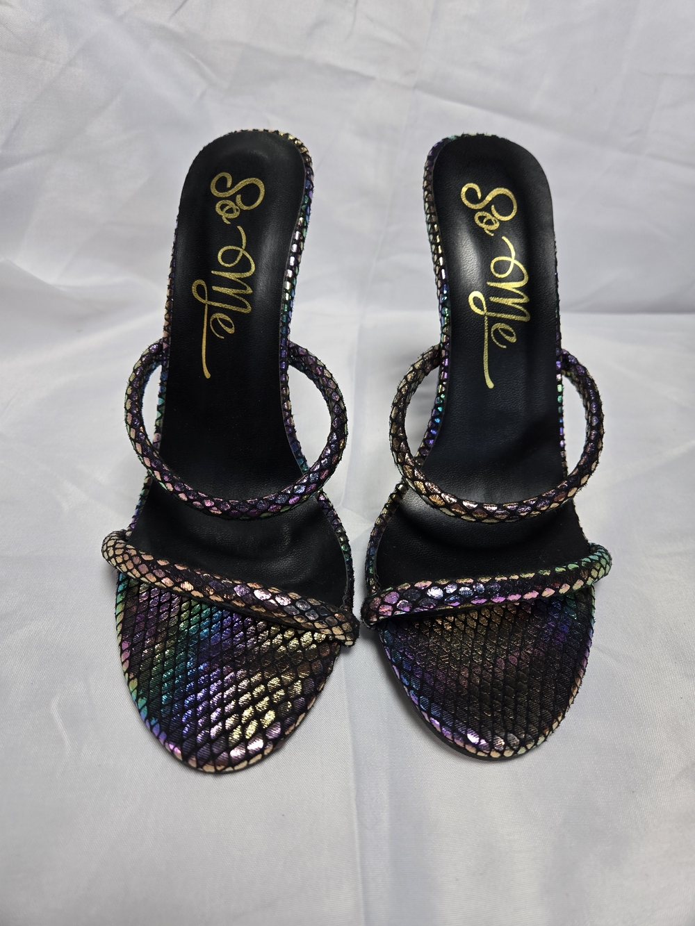 So Me Holographic Snake Embossed Strappy Stiletto Sandals – Size 6.5